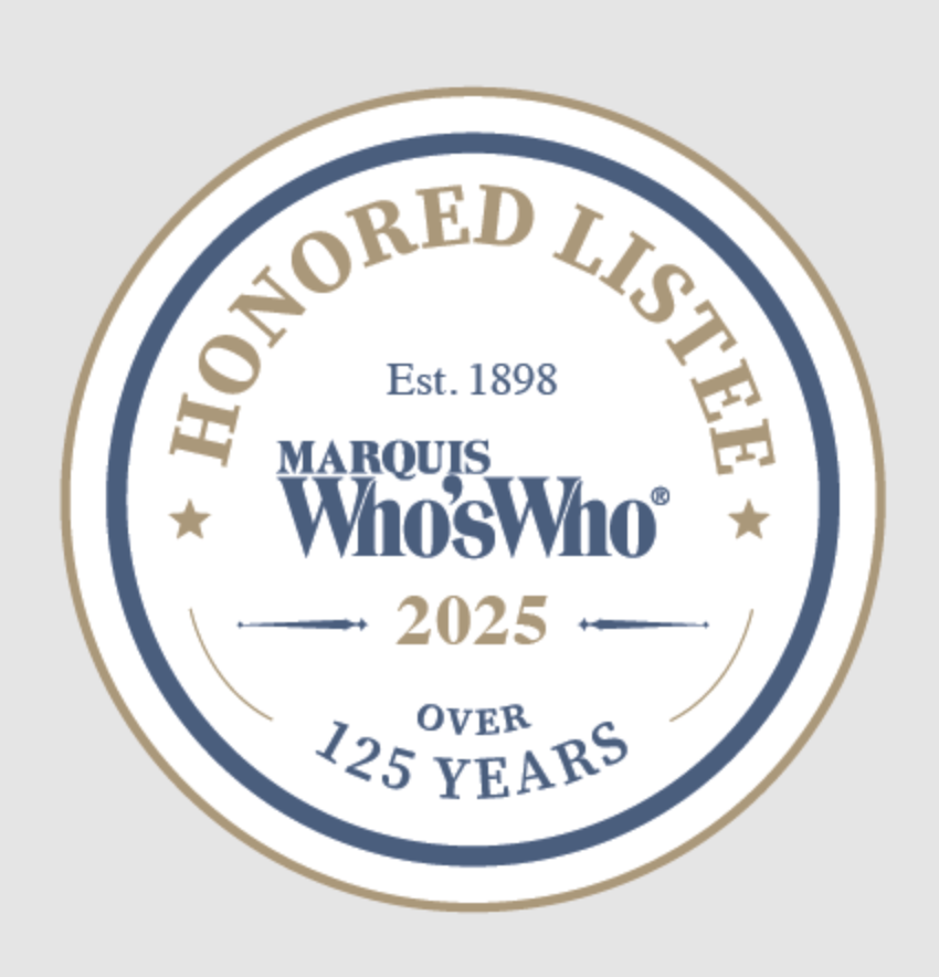 A circular badge with a gold and navy blue border. It reads 'Honored List' at the top, 'Over 125 Years' at the bottom, 'Est. 1898' at the center top, '2025' at the center bottom, and features the 'Marquis Who's Who' logo in the middle.