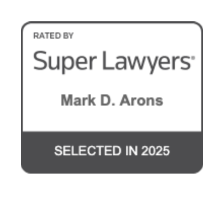 A badge indicating that Mark D. Arons was rated by Super Lawyers and selected in 2025.