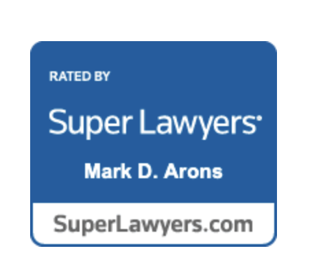 Blue legal sticker with white text that reads: rated by Super Lawyers, Mark D. Arons, SuperLawyers.com.
