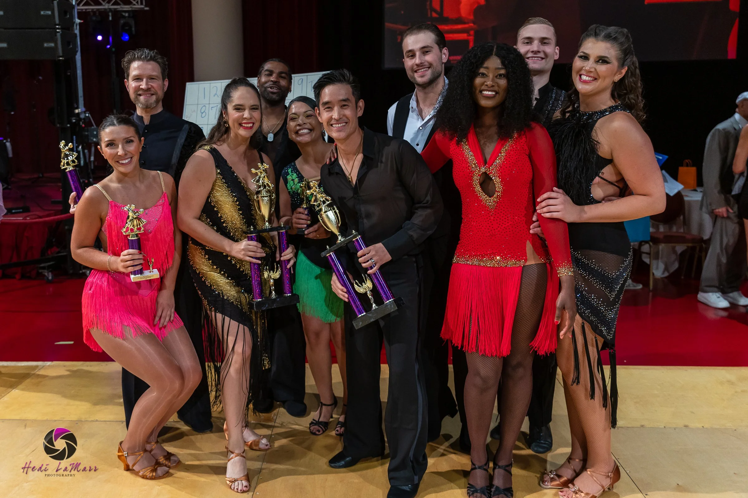 All the contestants and dance partners of the 2026 Celebrity Dance Competition Event at 22nd Annual Rhumba 4 Rainbow Gala. Pictured from left to right: Gracie Tuohy, David Browning, Jimena Irvis, Yaunique Irvis, Maria Redmond, Mike Moh, Bohdan Derevi