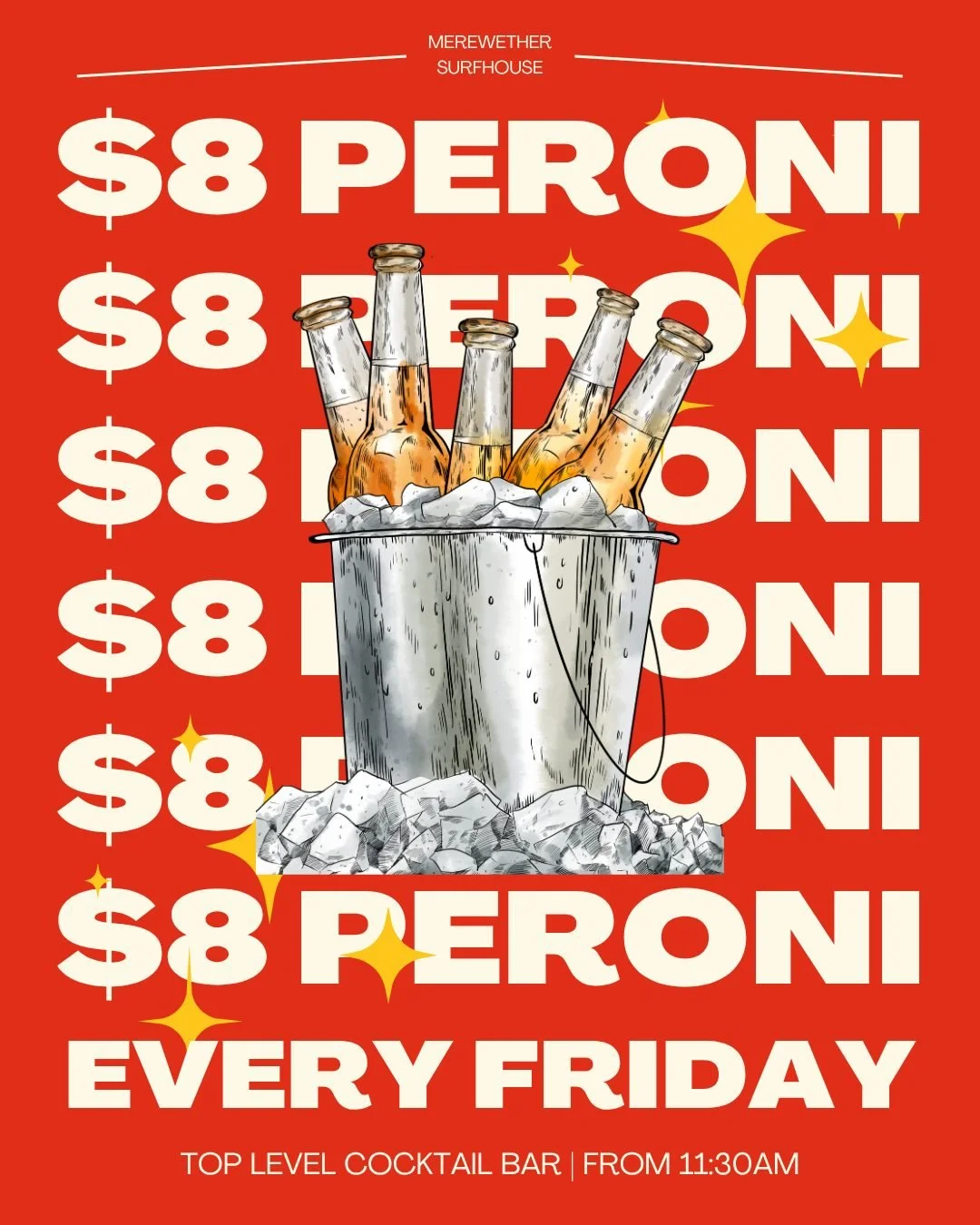 📣 $8 Peroni every FRIDAY in our Top level Cocktail Bar 🍻
Available all day from 11:30am #peroni #merewethersurfhouse