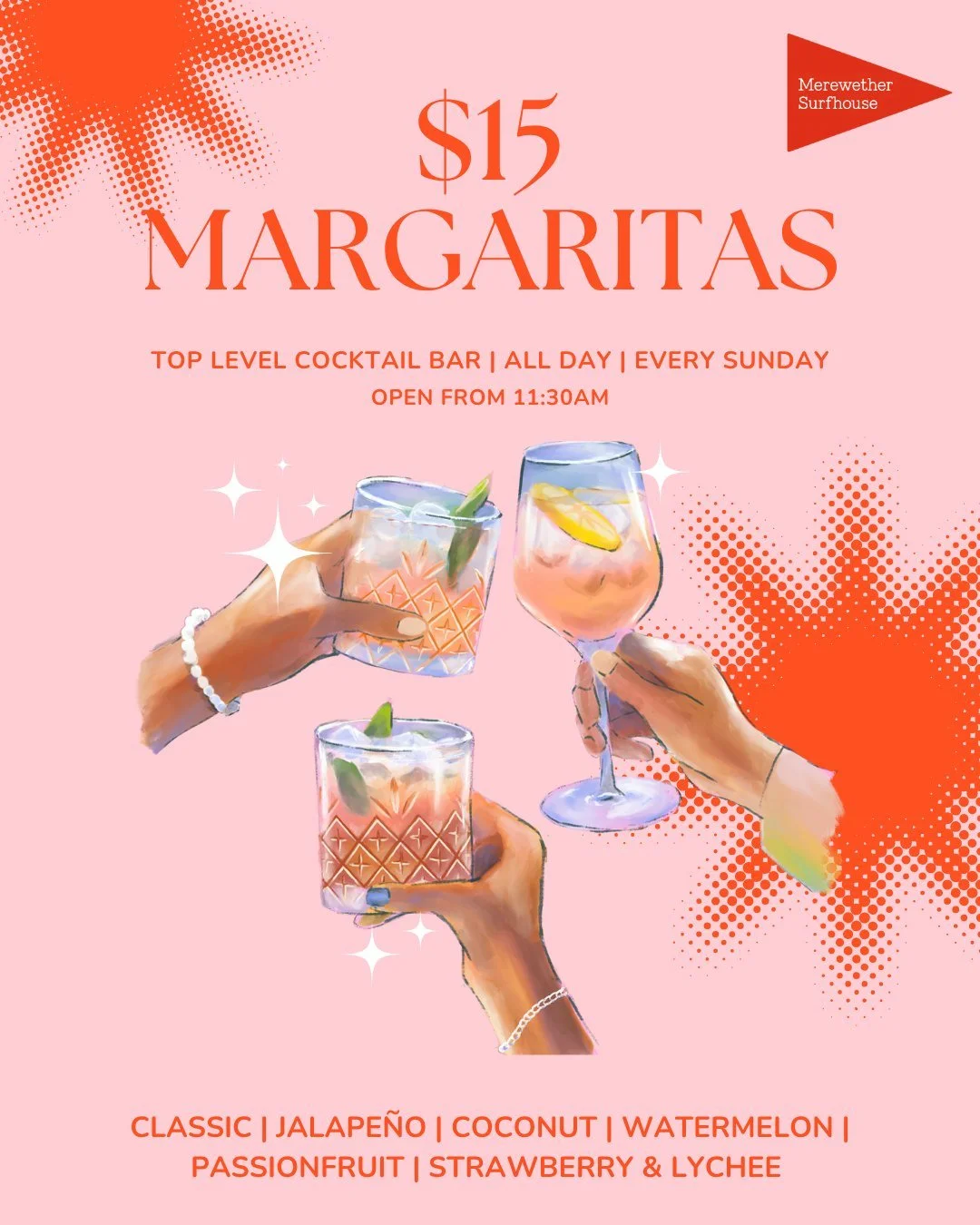 📣 $15 Margaritas every SUNDAY in our Top Level Cocktail Bar! 🍹
Available all day from 11:30am #merewethersurfhouse
