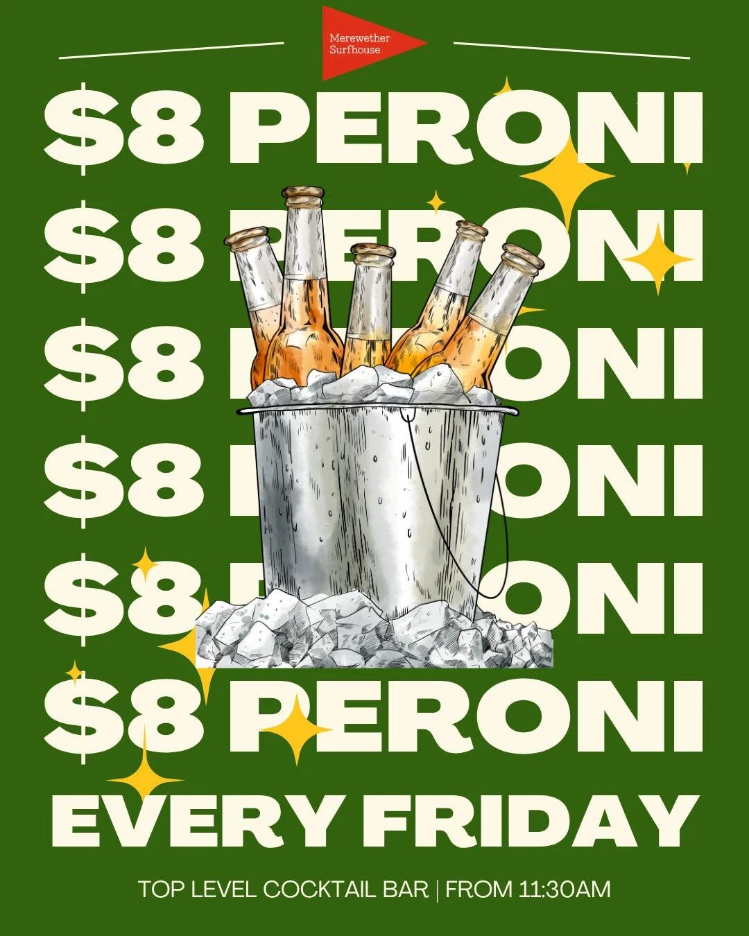 📣 $8 Peroni every FRIDAY! 🍻
Available all day in our Top Level Cocktail Bar from 11:30am #merewethersurfhouse