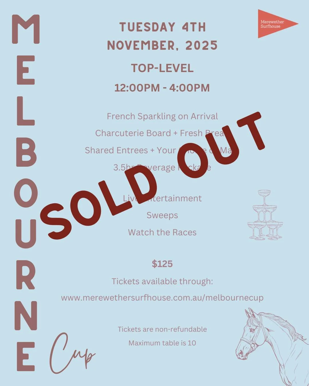 Top Level SOLD OUT! 🏇
Limited tickets still available for Melbourne Cup Long Lunch- Level 2
Tickets available via link in bio #melbournecup #merewethersurfhouse