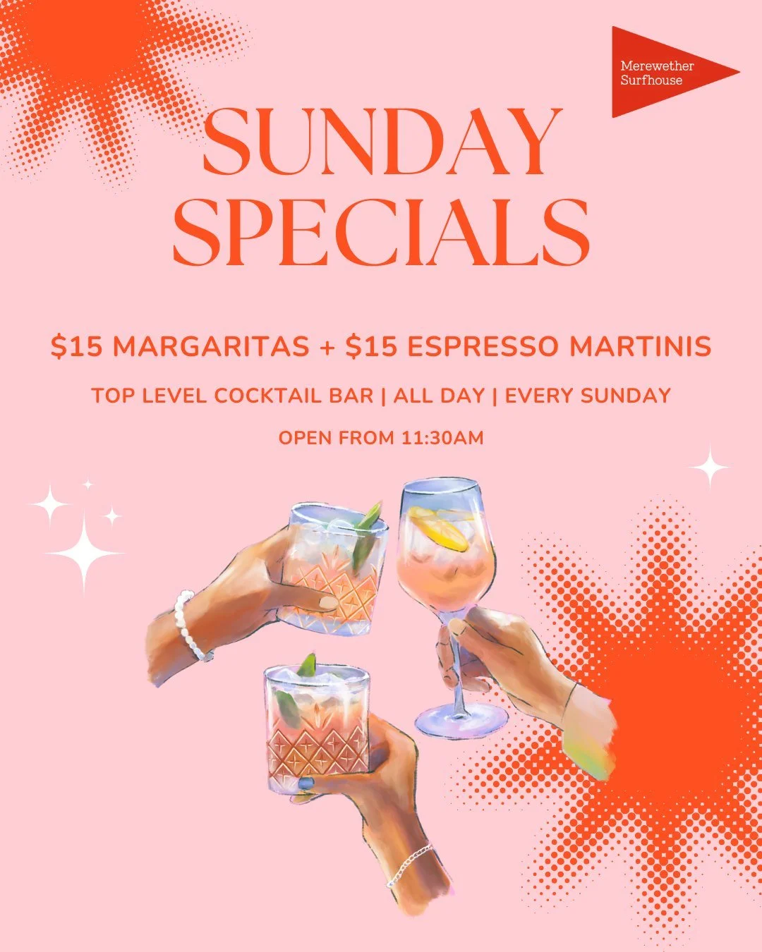 📣 $15 Margaritas &amp; $15 Espresso Martinis 📣
All Day every Sunday!
Top Level Cocktail Bar from 11:30am