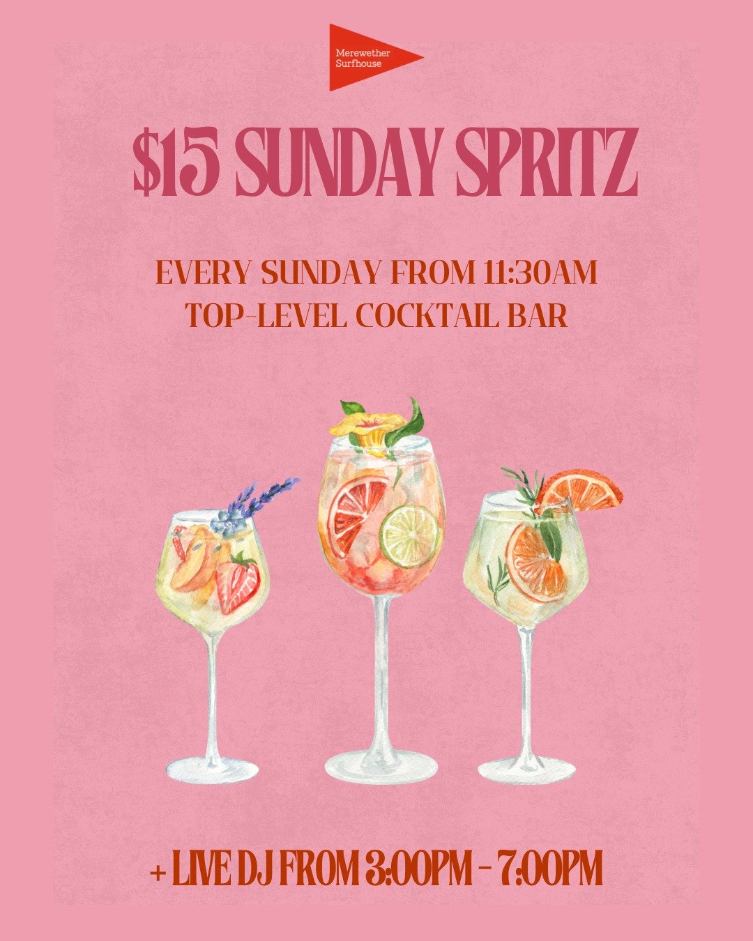 📣 $15 SUNDAY SPRITZ! 📣
Every Sunday in our Top Level Cocktail Bar from 11:30am
+ Live DJ from 3pm-7pm