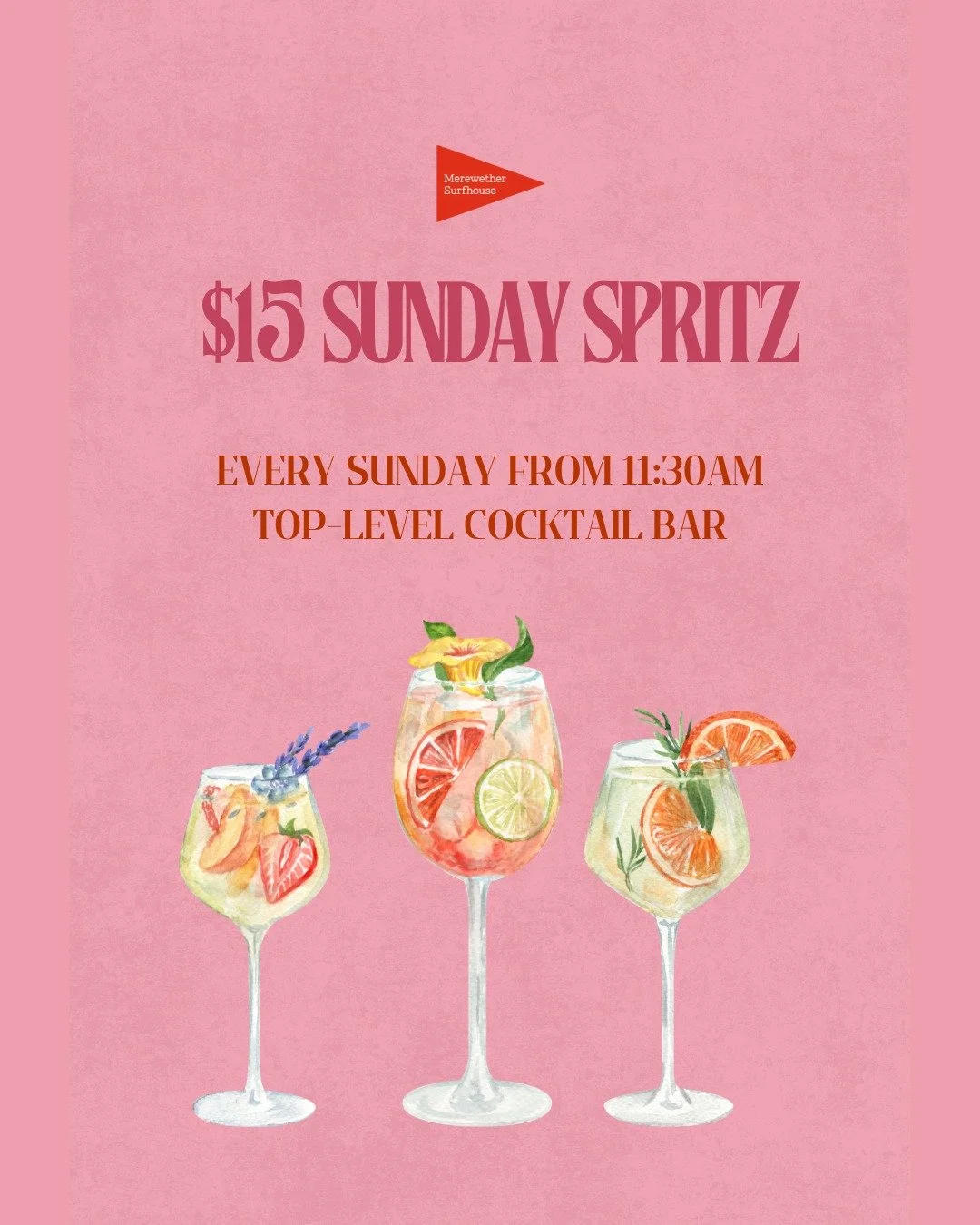 🍹 $15 Sunday Spritz 🍹
Available every Sunday in our Top Level Cocktail bar from 11:30am - late
#seeyousoon #sundayspecial #sundayspritz @merewethersurfhouse