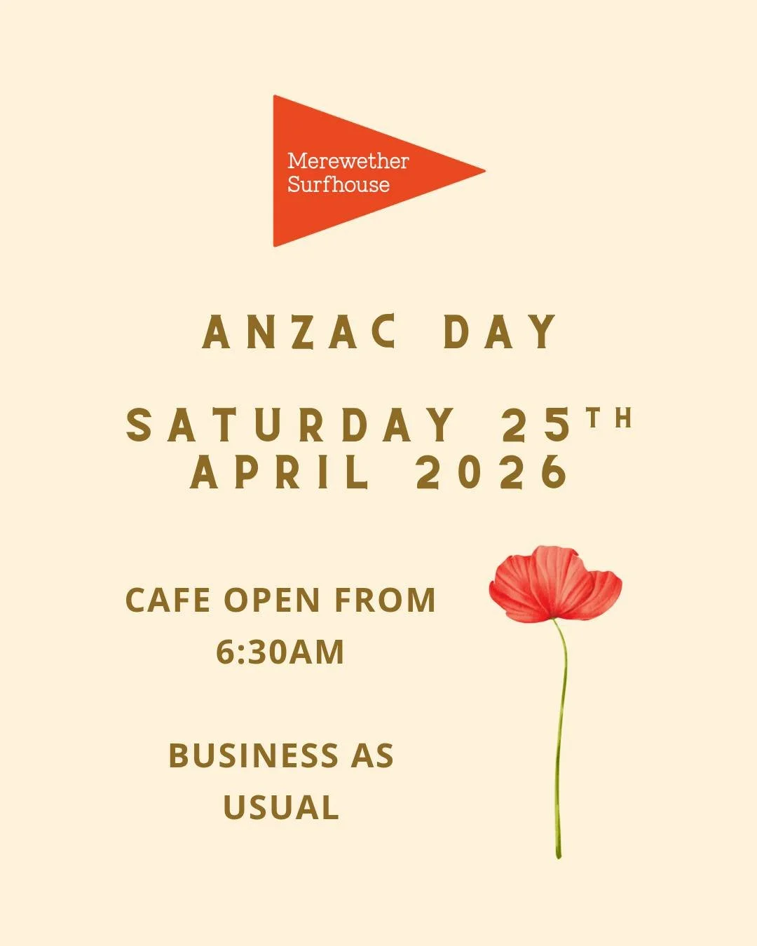 ANZAC DAY #lestweforget
We are OPEN @merewethersurfhouse 
Cafe from 6:30am ☕
Beach Bar from 3pm 🌮
Top Level Cocktail Bar from 11:30am 🥂
Restaurant from 12pm &amp; 6pm 🍽