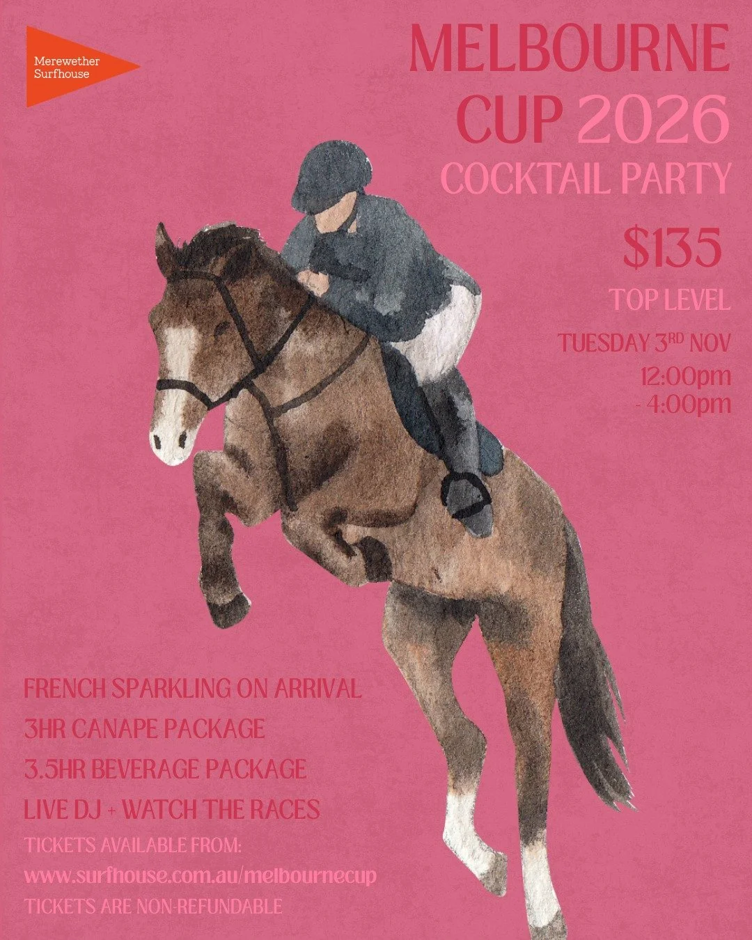 Melbourne Cup 2026 🏆
Tuesday 3rd November 
Top Level Cocktail Party 🥂 $135pp
Tickets available now via website:
www.surfhouse.com.au/melbournecup