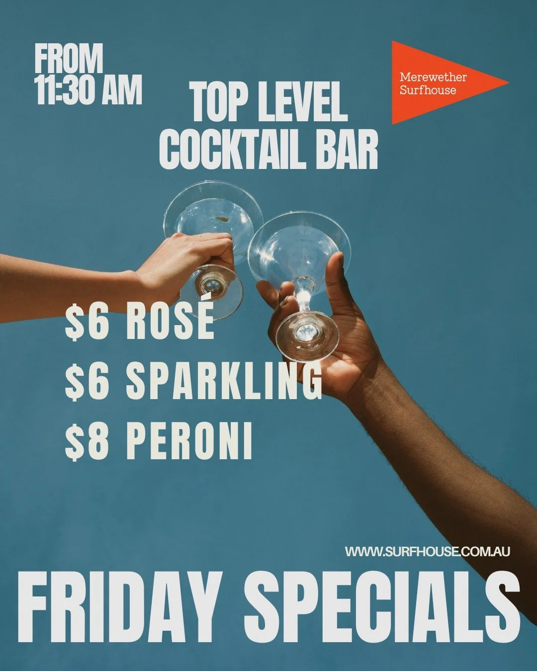 🥂 FRIDAY SPECIALS 🥂
$6 Ros&eacute;
$ Sparkling
$8 Peroni
Available all day from 11:30am in our Top Level Cocktail Bar