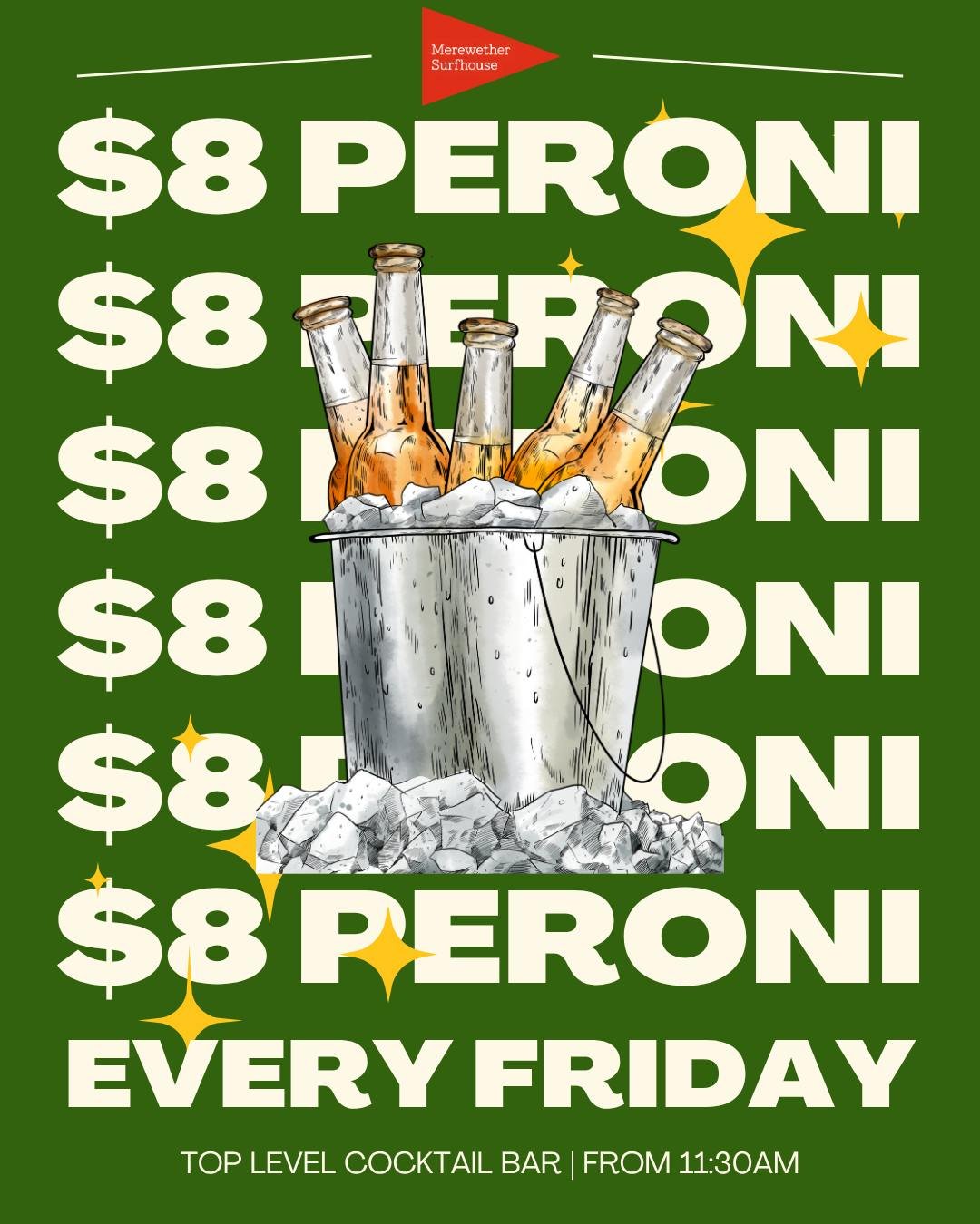 📣 $8 Peroni every FRIDAY! 🍻
Available all day in our Top Level Cocktail Bar from 11:30am #merewethersurfhouse