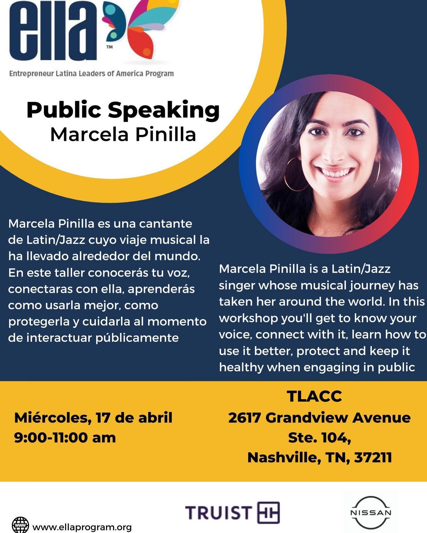 Este mi&eacute;rcoles! La &uacute;ltima clase de este cohorte. Taller de oratoria- speaking in public con @marcelapinillamusic. Participantes registradas en ELLA nos vemos ah&iacute; 🌼 
.
.
#clases #negocios #ella #emprendedoras #latinas #usa