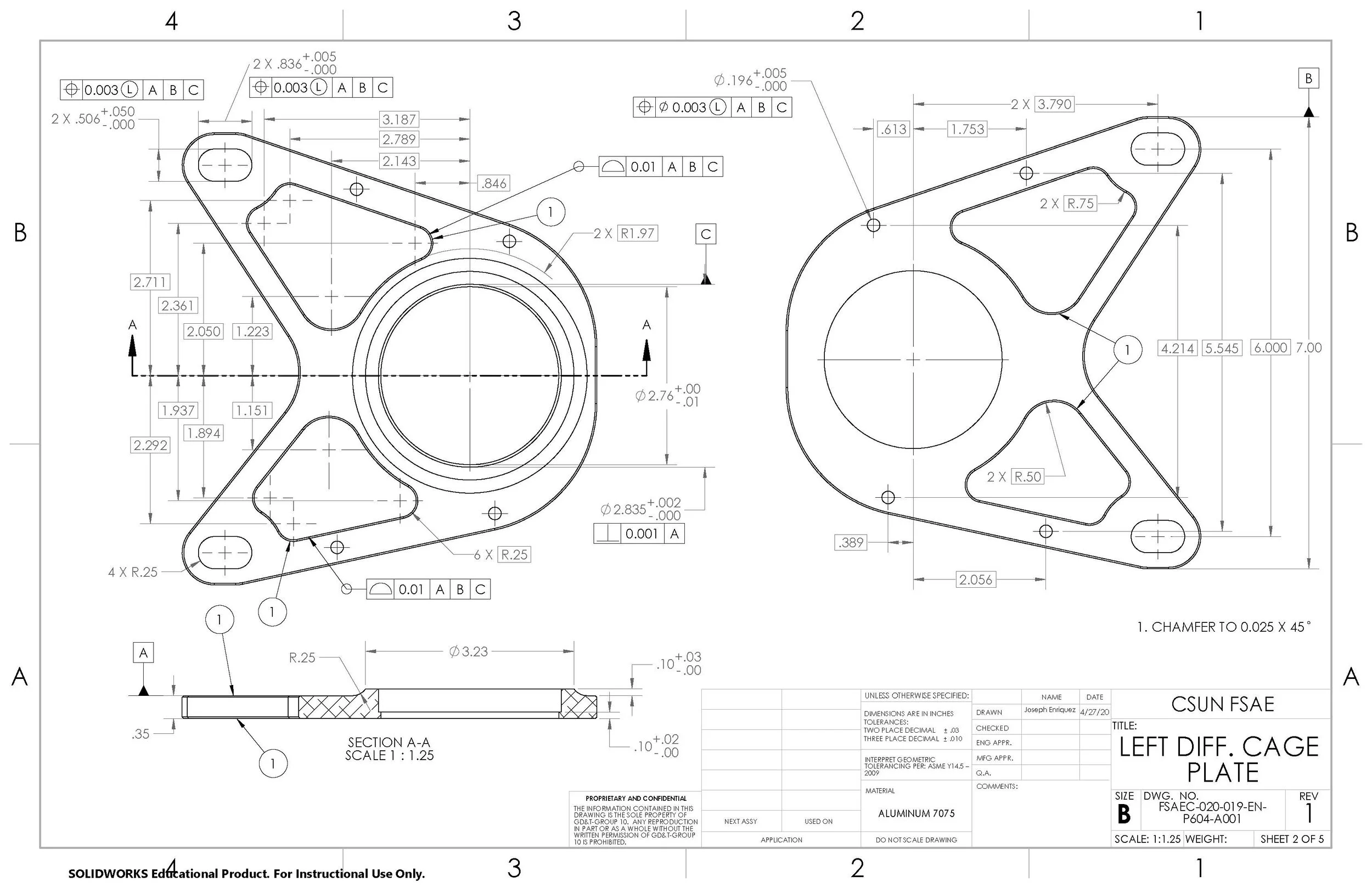 2020 Design: Left Diff. Cage Plate. Please Note: Right Diff. Cage Plate (Drawing Page 3 of 5) has been omitted to Save Space. Right Diff. Cage Plate only differences are mirrored features and a larger bearing Dimension.