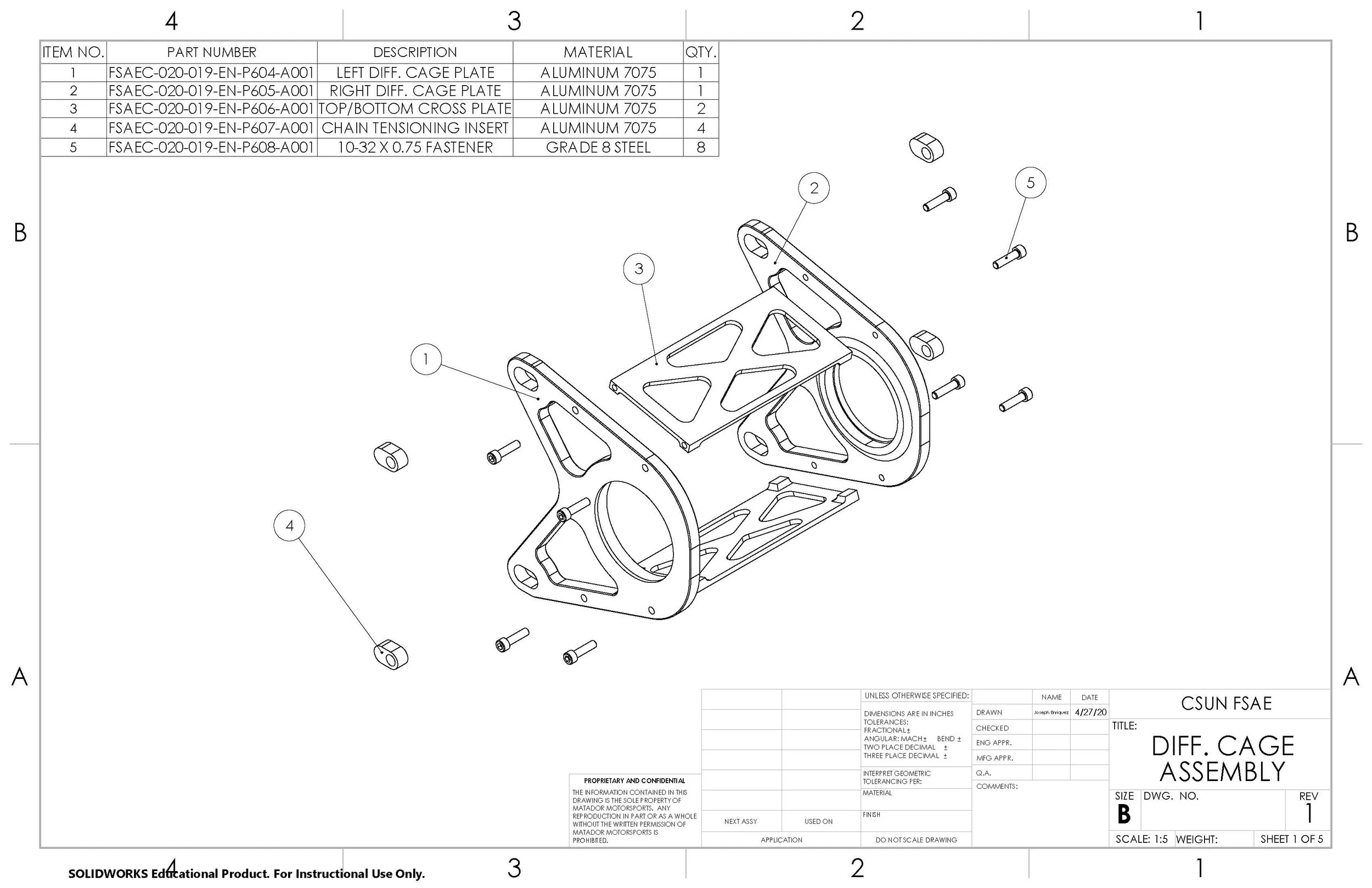 2020 Design: Assembly Explosion View: Left and Right Diff. Cage Plate, Top/Bottom Cross Plate, Chain Tensioning Insert, and Grade 8 Steel Fasteners.