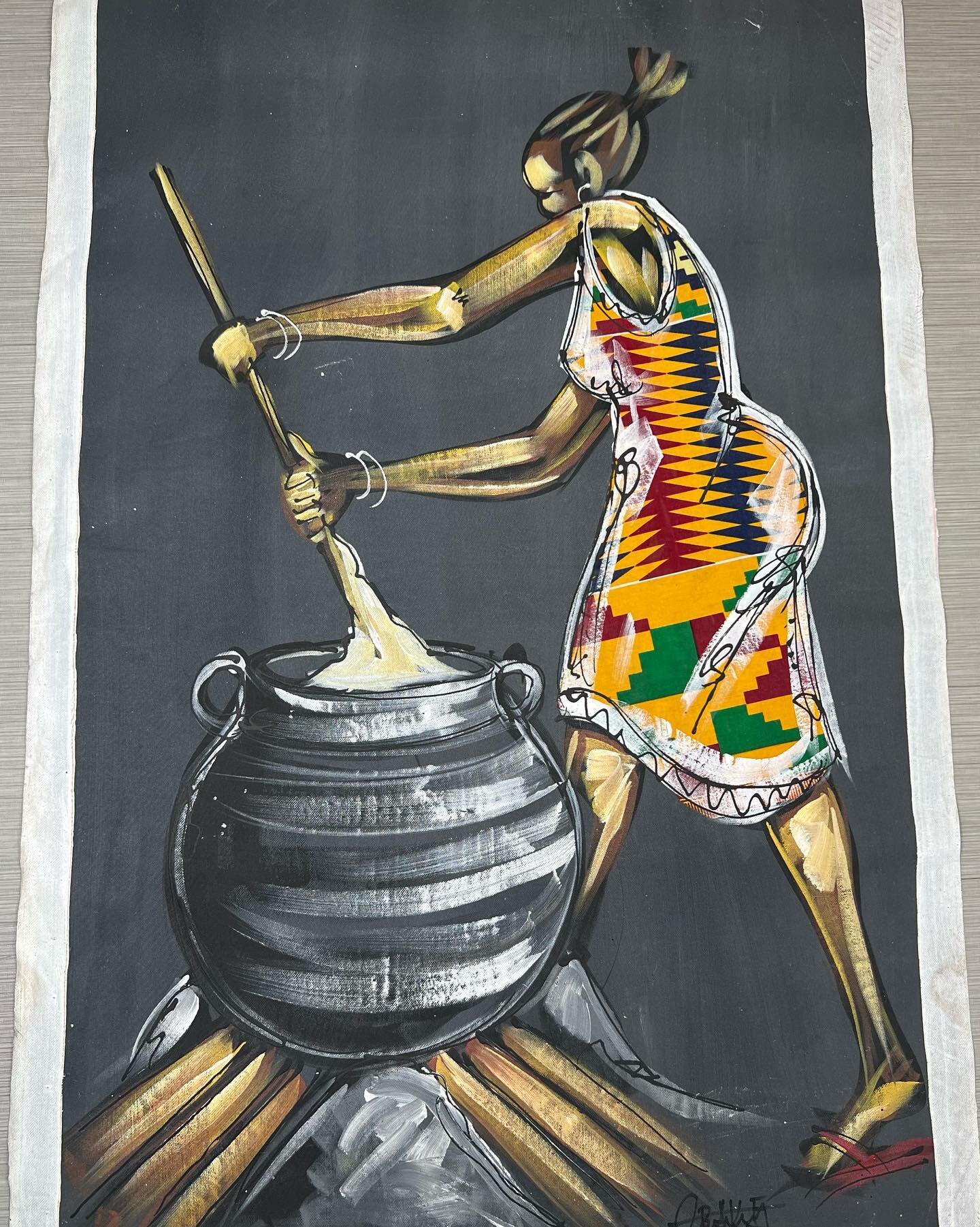This one of one piece, located at www.richqueeraunties.com, depicts a Ghanian woman making Banku.

Banku is a mixture of fermented corn dough and cassava dough. It is cooked and assembled into single serving size balls and accompanies many Ghanian so