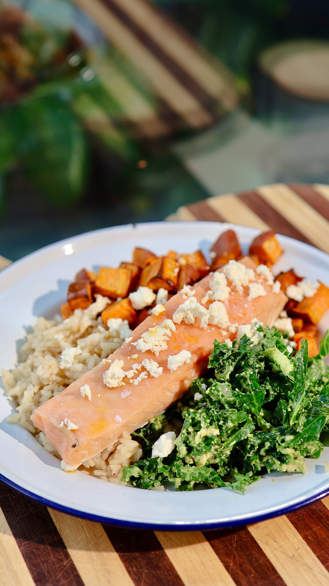 Salmon, Kale and Roasted Sweet Potato Bowl