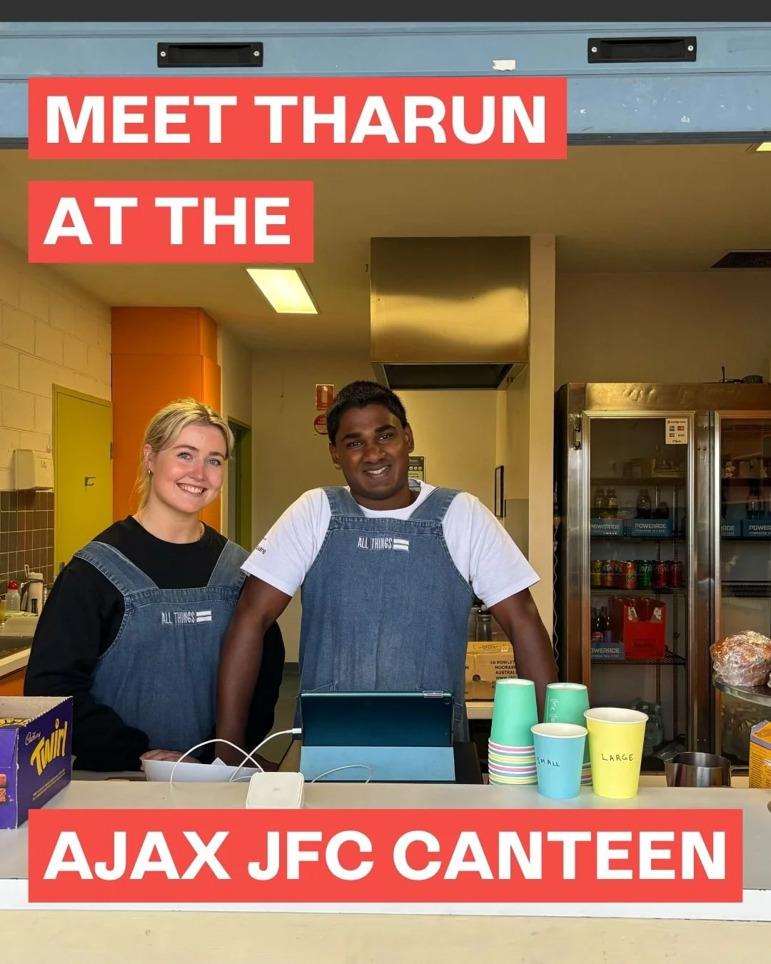 Perks of catching an AJAX JFC game? Grabbing drinks and snacks from our ATE Canteen, and being served by legends like Sarah and Tharun!

Tharun is one of our newer trainees in the Pre-Employment Program. Alongside cooking classes, barista training an