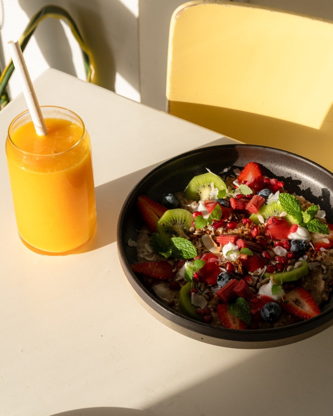 Quinoa, but make it sweet (and breakfast). Yeah, our chefs really had fun with this new menu item. Meet our Quinoa Brekky Bowl. Topped with freshly stewed rhubarb, berries, kiwi and pomegranate, with nut crumble and sunflower seeds for a little crunc