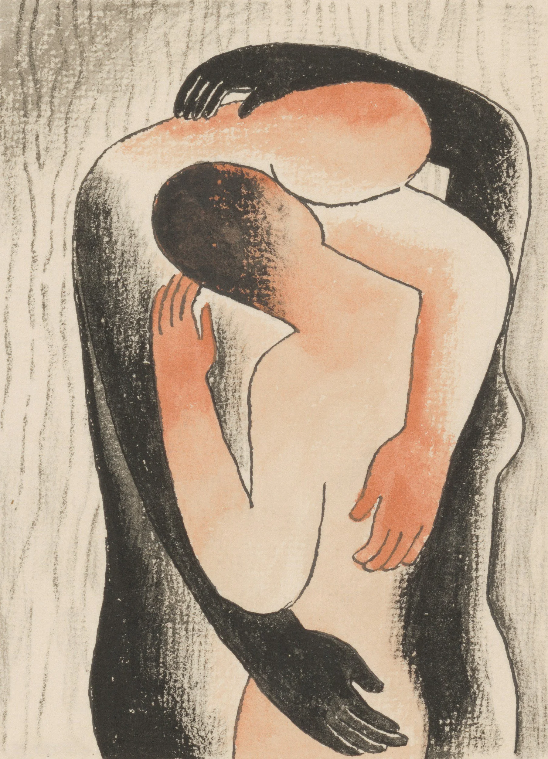 Two figures embracing in a warm hug.