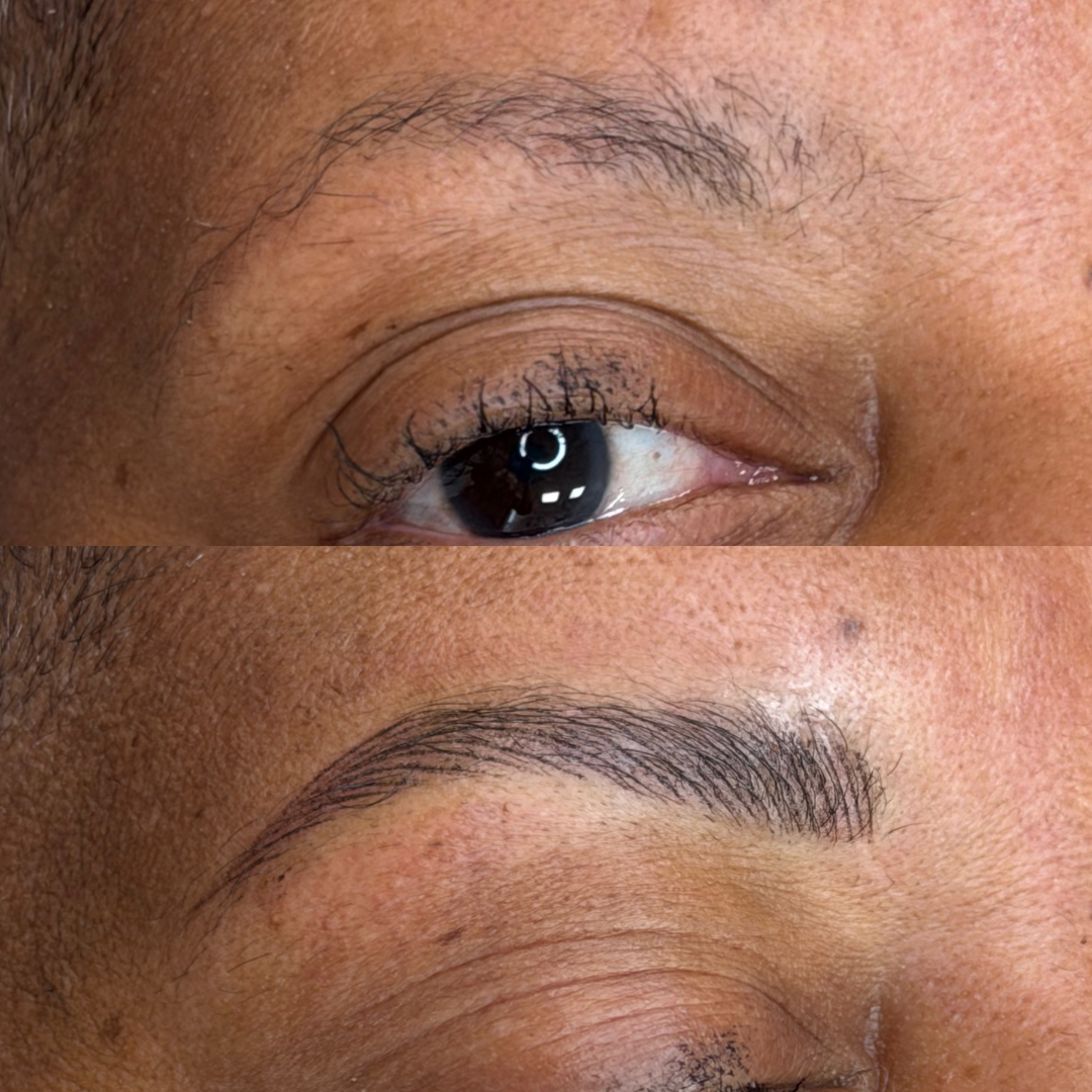 Close-up of a person's eye before and after eyelash extension or makeup application, showing the transformation from natural to enhanced eyebrow and eyelash appearance.