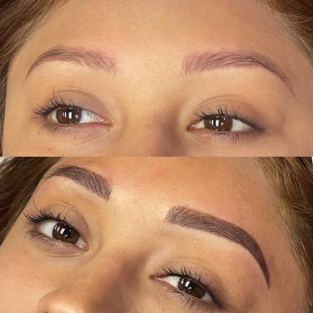 Comparison of eyebrows before and after cosmetic tattooing or microblading, showing fuller, shaped eyebrows in the after photo.