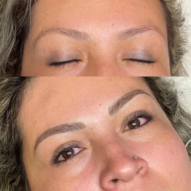 Close-up of a woman's face showing a before and after comparison of eyebrow grooming or makeup, with the top image having natural, unshaped eyebrows and the bottom image featuring well-defined, shaped eyebrows with makeup.