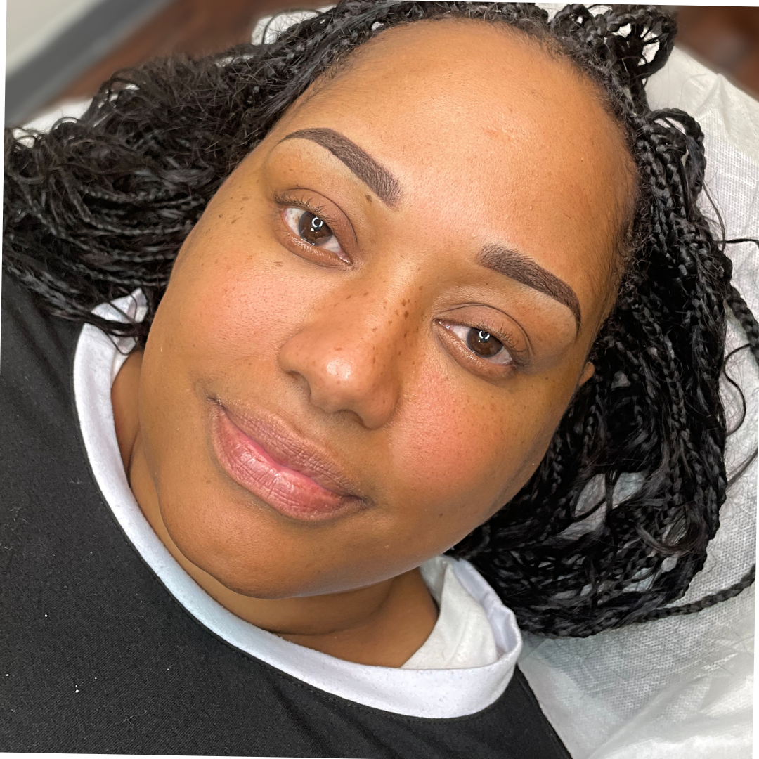 after photo of melaninated woman of powder brows