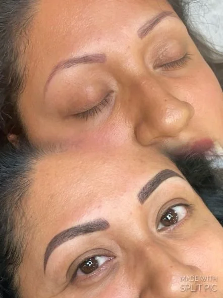 Close-up photo of two women with freshly done eyebrow tattoos, one with eyes closed and one with eyes open, showing their eyebrows.