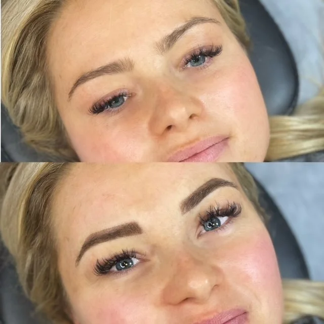 Comparison of a woman's face before and after eyebrow makeup, showing fuller, darker eyebrows in the after photo.