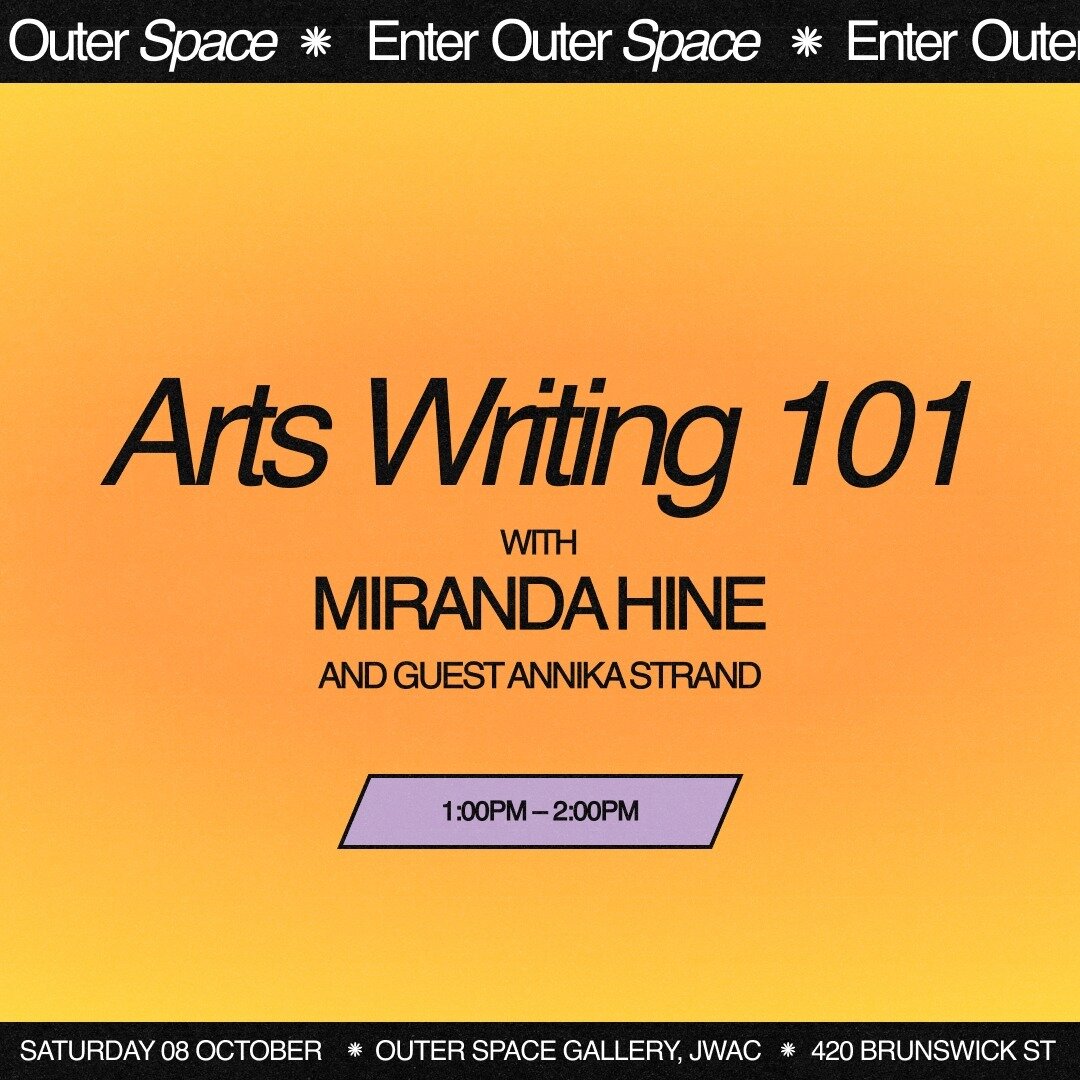 ✏️ ARTS WRITING 101 w/ MIRANDA HINE 📝⁠
⁠
WHEN: 1:00 - 2:00pm Saturday 8 October 2022⁠
WHERE: Judith Wright Arts Centre Gallery, 420 Brunswick St, Fortitude Valley⁠
⁠
Through hands-on writing exercises and discussion, this session will help develop y