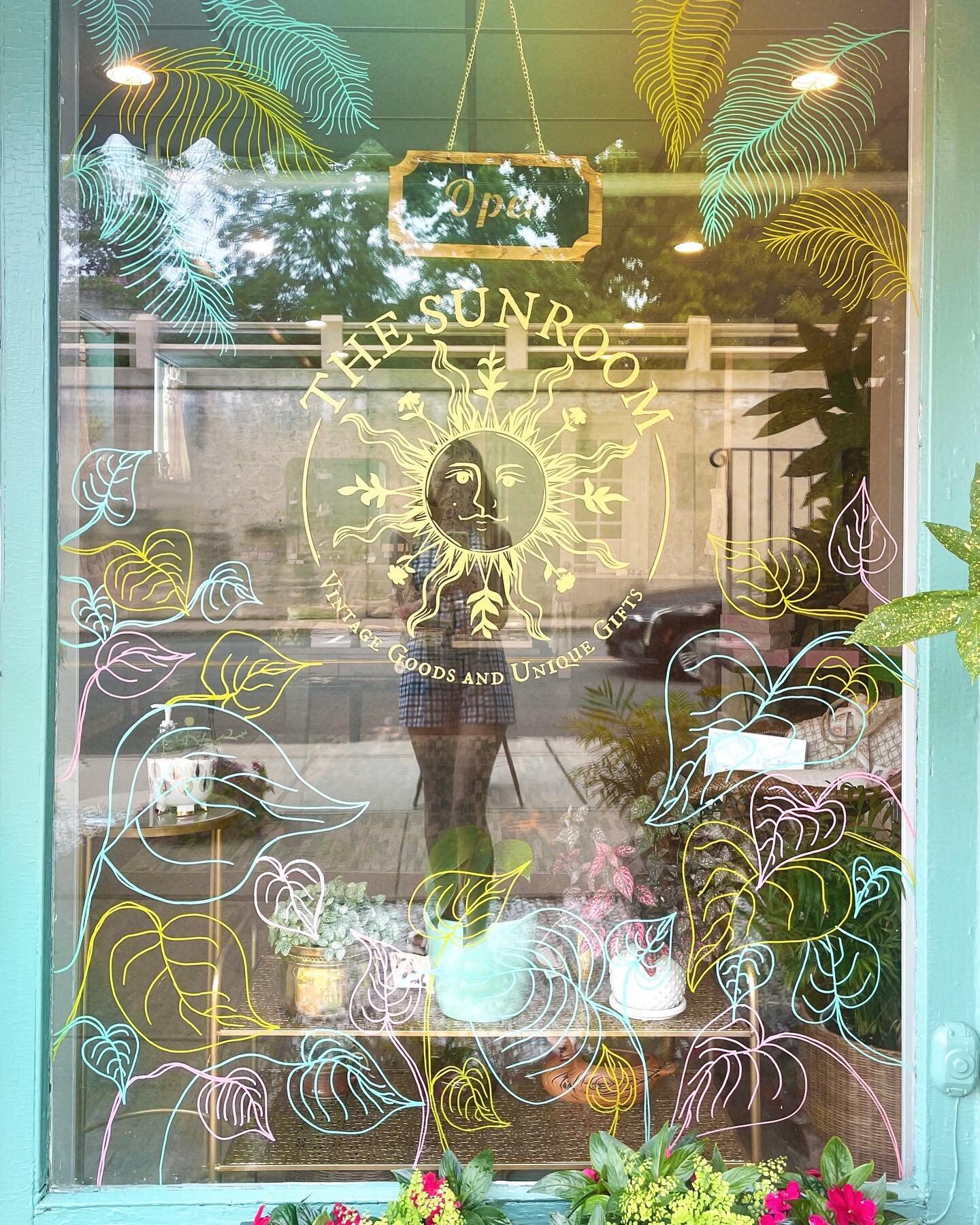 New leafy window painting to welcome you in! Stay a while &amp; enjoy our AC.