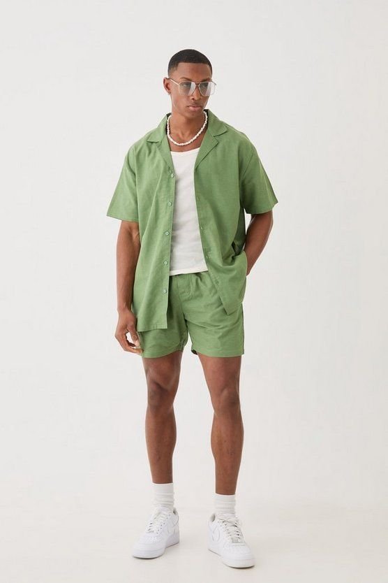 Olive Short Sleeve Oversized Linen Blend Shirt & Short Set _ BOOHOOMAN USA.jpeg