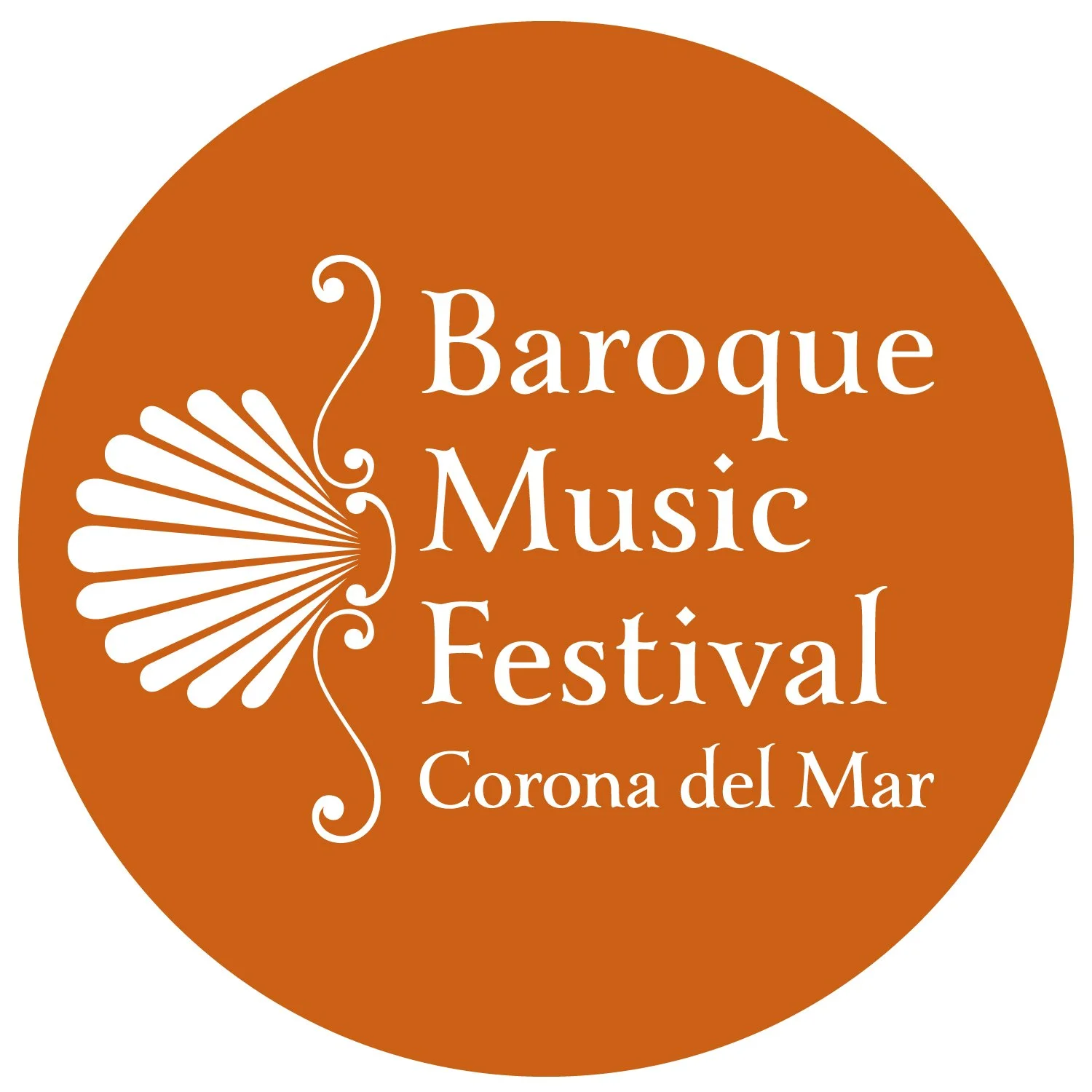 Logo of the Baroque Music Festival in Corona del Mar, featuring an orange circular background, a white shell-like graphic, and white text.