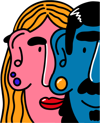 A colorful, abstract illustration of a woman and a man close together, with the woman on the left and the man on the right.