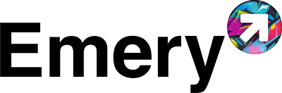 Close-up of the Emory logo with stylized text and a colorful arrow icon in the top right corner.