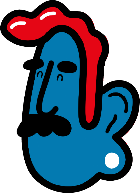 Digital illustration of a blue face with a black mustache and a red tongue, featuring a large white circle on the neck.