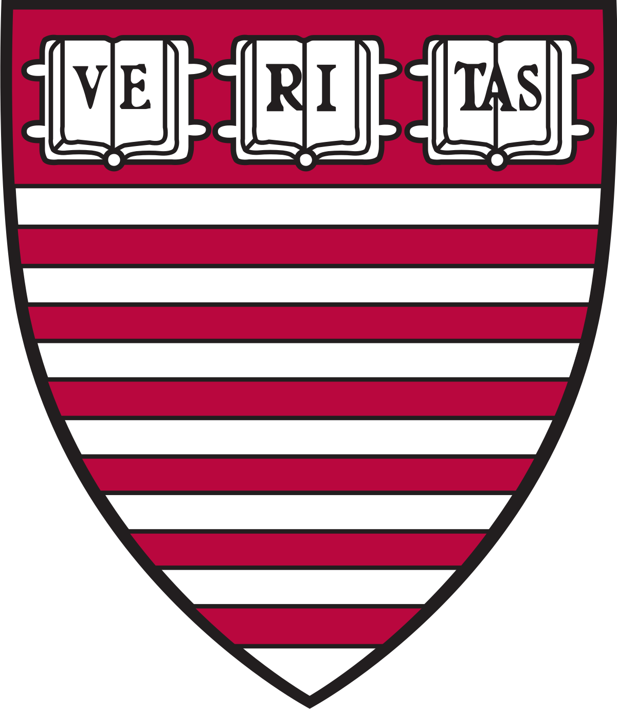 A shield-shaped emblem with red and white horizontal stripes and the word 'VERRITAS' at the top in three open book icons.