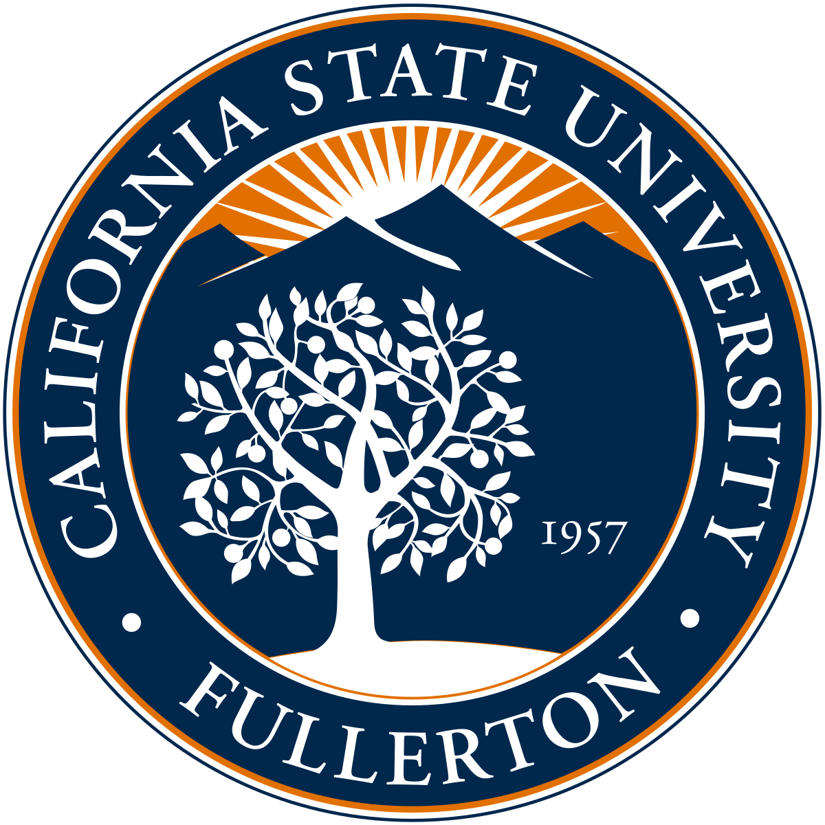 Seal of California State University, Fullerton, featuring a white tree in the center, mountains and sunrise at the top, and the text "California State University Fullerton 1957" around the border.