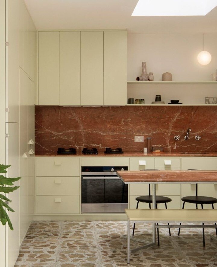 Mid Century Kitchen Vibes|⁠
⁠
Using colours, materials and joinery techniques that pay homage to the original mid-century interior and kitchen that once was before.⁠
⁠
Rosa Alicante marble paired with contrasting pistachio green joinery 💋⁠
⁠
How bea