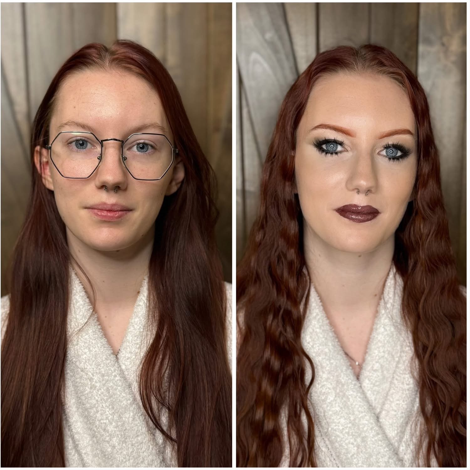 Anime inspired makeup for boudoir session dark lips smoky eyes long red hair by Kenzie Bri Beauty