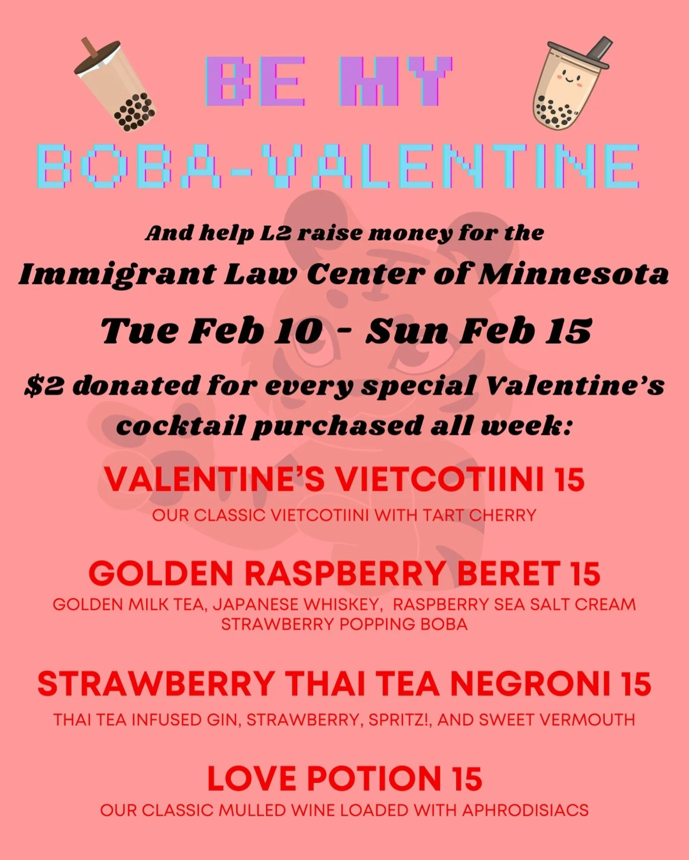 We&rsquo;ve got special ~Valentine&rsquo;s Day~ cocktails coming all week next week, and they&rsquo;re super delicious 😋❤️

And what better way to celebrate Valentine&rsquo;s (or Galentine&rsquo;s) than with beautiful, tasty cocktails that also help