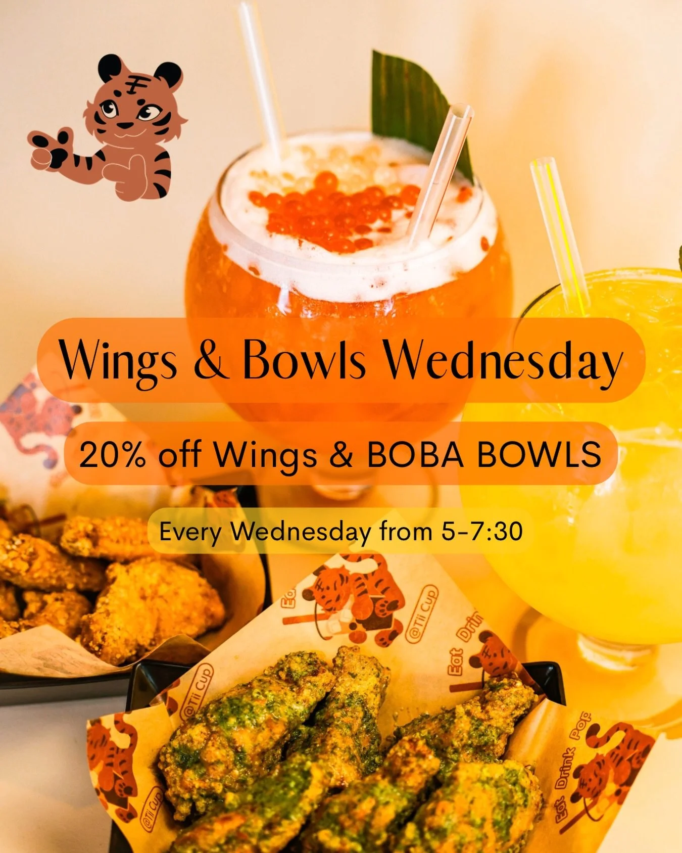 Studies show that both men and women need at least one night out per week with their friends to improve their quality of life. Might as well make that night Wednesdays after work to share a BOBA BOWL and some of the best wings in town 😋 

See you to