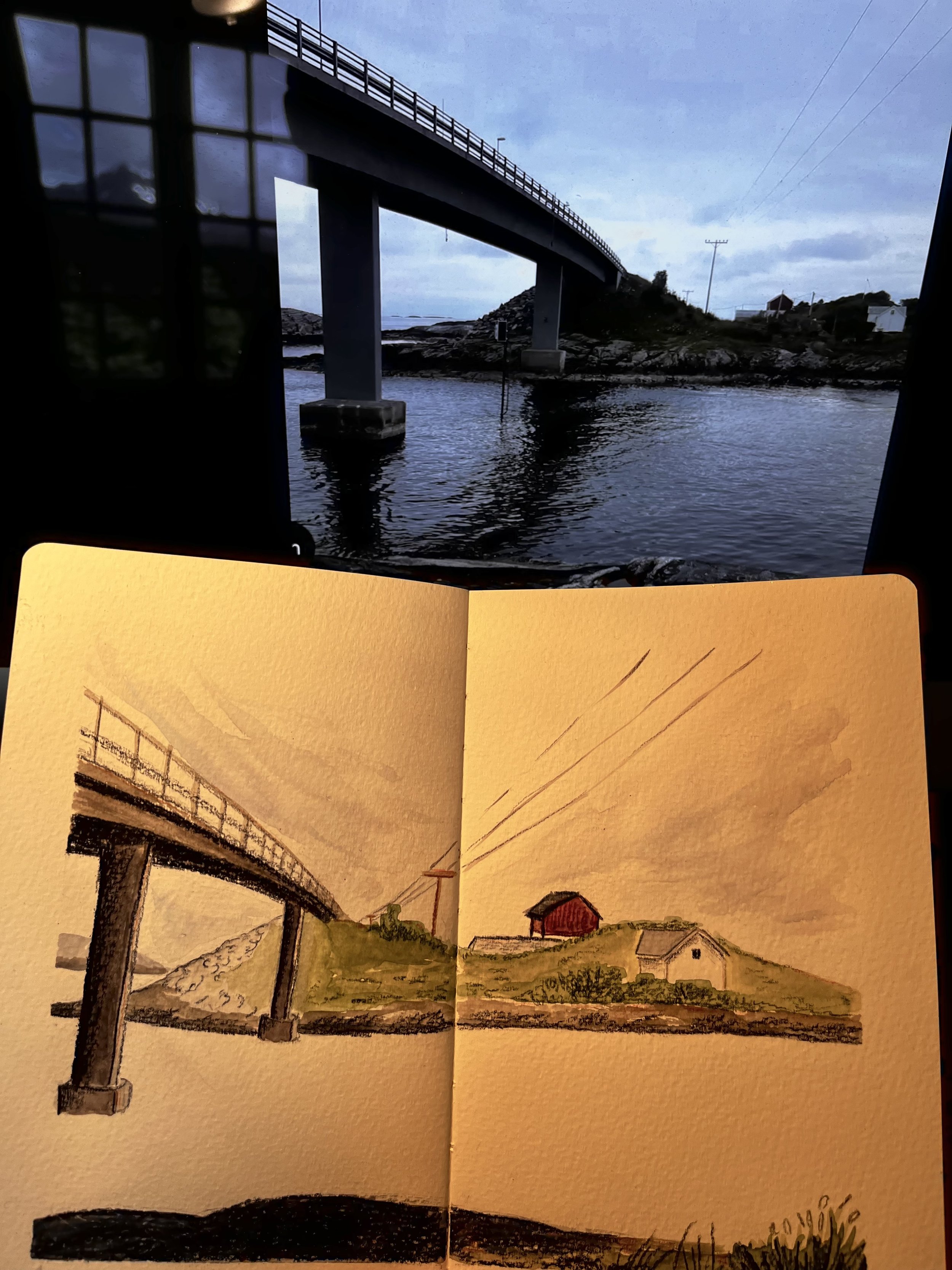 En dobbeltside fra skisseboka mi, inspirert av Atlanterhavsveien.
