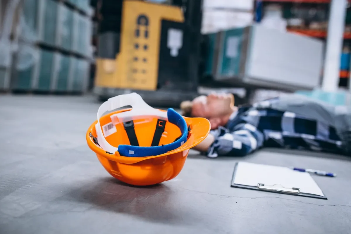 Safety helmet and hard hat placed on the floor in a warehouse, with a person lying unconscious in the background, surrounded by warehouse shelves, a clipboard, and a pen.
