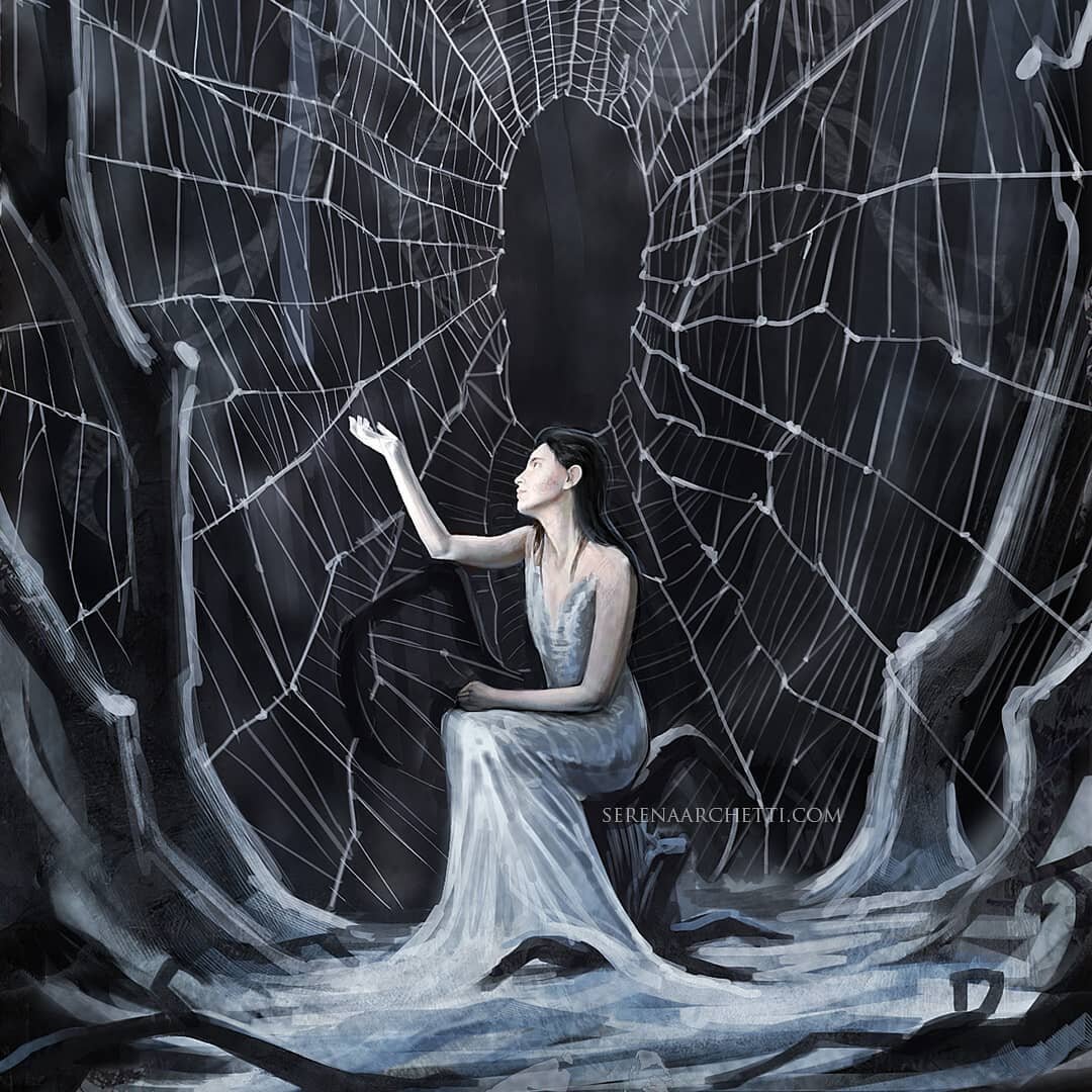 Arachne's Loom 🕷️⁠
⁠
This is super embarrassing, but here it goes! This is a little painting I was doing for a personal project a few years ago and since spiders are absolutely terrifying I thought it would be funny to make it a self-portrait. 🙈⁠
⁠