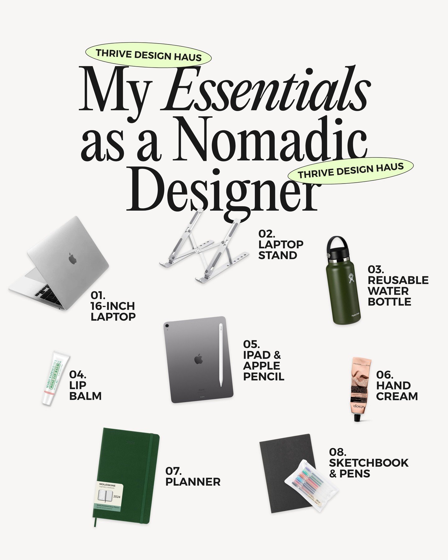 I've officially been a nomad for 4 years 🥹💻, and these are the items I rely on heavily while working from caf&eacute;s, co-working spaces, and Airbnbs:

1. 16-Inch Laptop: A desktop isn't practical since I move every 1-3 months. Upgrading to a 16-i