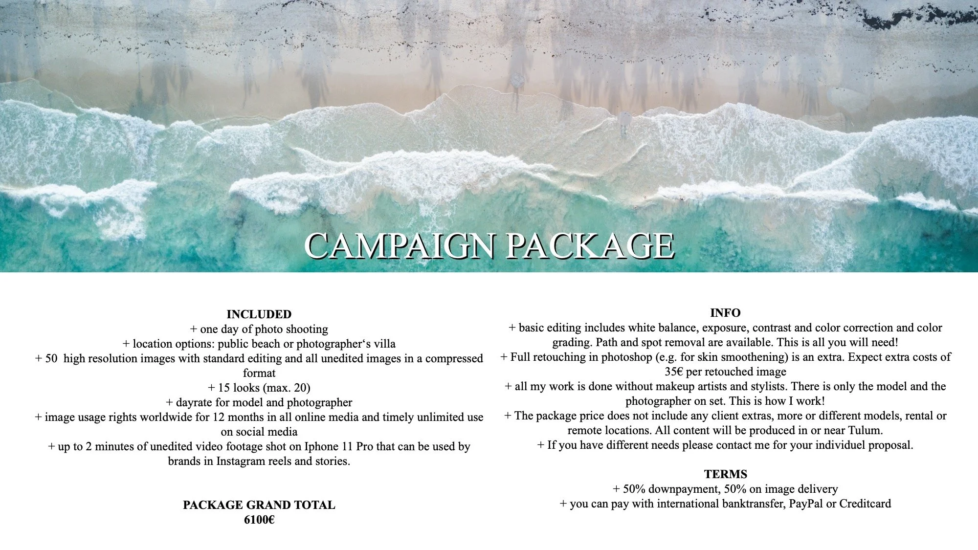 An aerial view of a beach with waves crashing onto the shore, overlaid with the text 'Campaign Package.' Below, the document details services including photo shooting, editing, and usage rights, with a total price of 6100 euros.