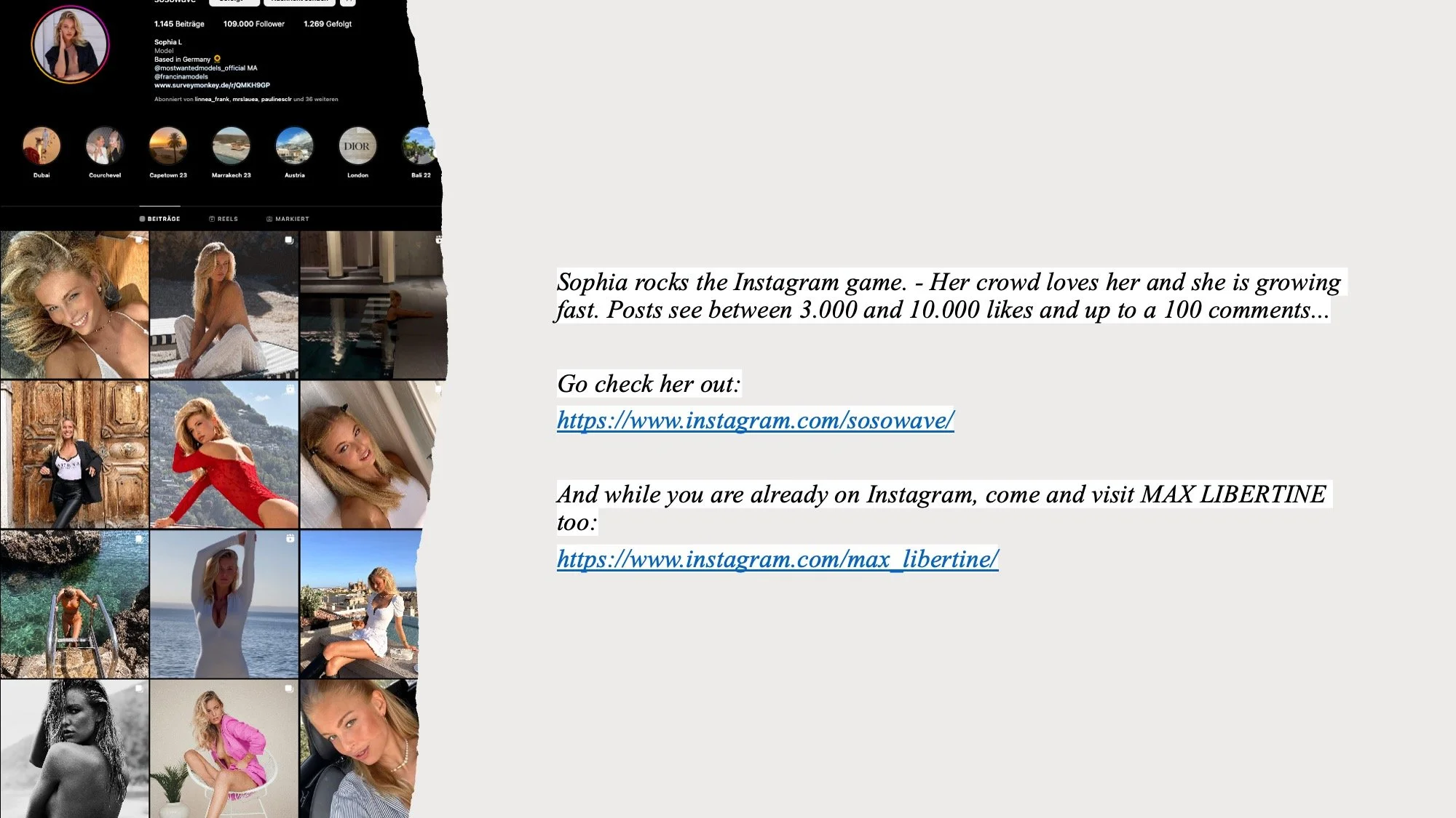 A social media profile page of a woman named Sophia L., showing her profile picture, follower counts, and a grid of her photos including selfies, travel shots, and portraits.