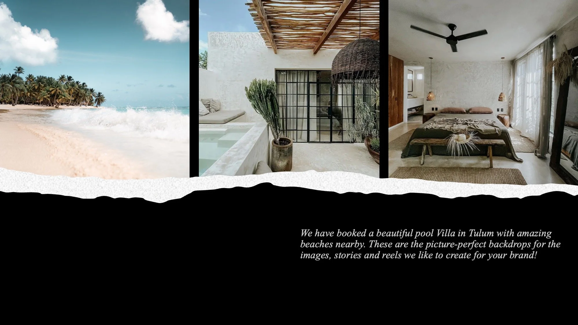 A collage featuring three images: a beach with palm trees and waves, a modern patio with white walls, potted plants, and a rainshade, and a cozy bedroom with a bed, hanging lights, and curtains. Text at the bottom mentions booking a pool villa in Tulum and describes the images as perfect backdrops for creating content.