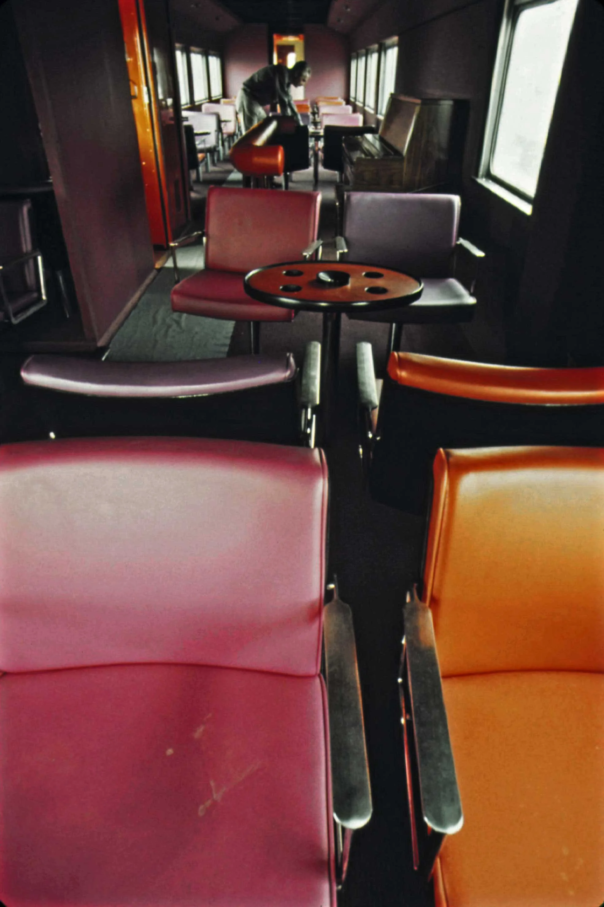 May 1974: Refurbished interior of an Amtrak carriage